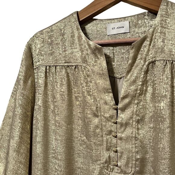 St. John Metallic Champagne V Neck Gown Size L Side Slit Luxe Maxi Dress - FLAWS - Picture 4 of 12